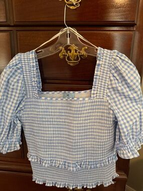 CeCe Light Blue Gingham Smocked Square-Neck Top